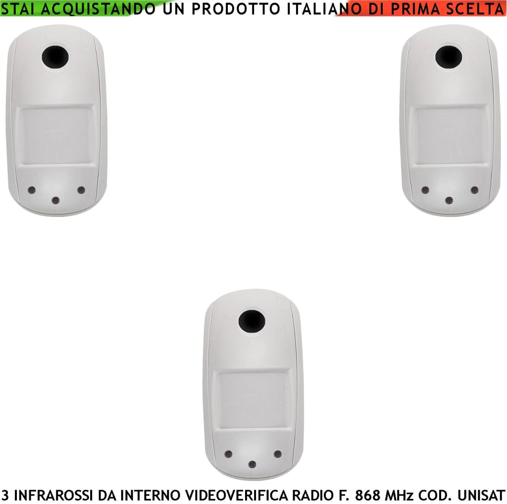 Sensore Infrarosso Interno Videoverifica GPRS 3 Pezzi Rilevatore di Movimento 12 Metri Grandangolo Fotocamera VGA 640X480 Visione Notturna Frequenza 868 MHz Bidirezionale UNISAT Rete GPRS Anti Jamming