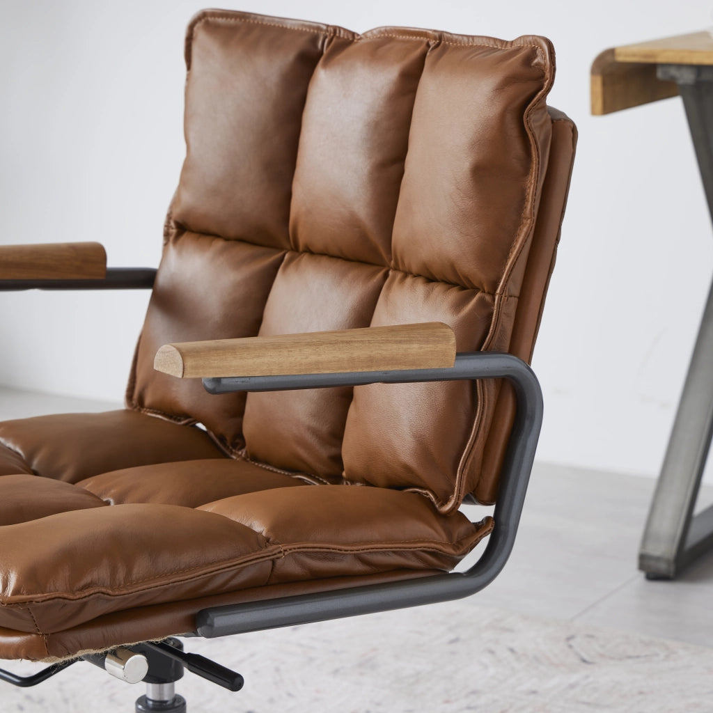 Sedia da ufficio ergonomica in pelle con altezza regolabile e rotazione 360° in pelle e metallo marrone
