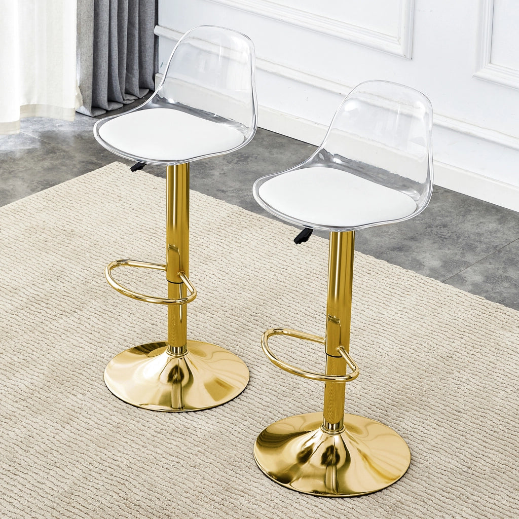 Set di 2 sgabelli da bar con schienale trasparente; altezza regolabile; seduta girevole; metallo e plastica; Oro Trasparente