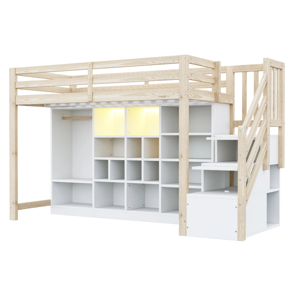 Hochbett 90x200 cm in legno con contenitore; LED integrata e scala laterale; bianco e naturale