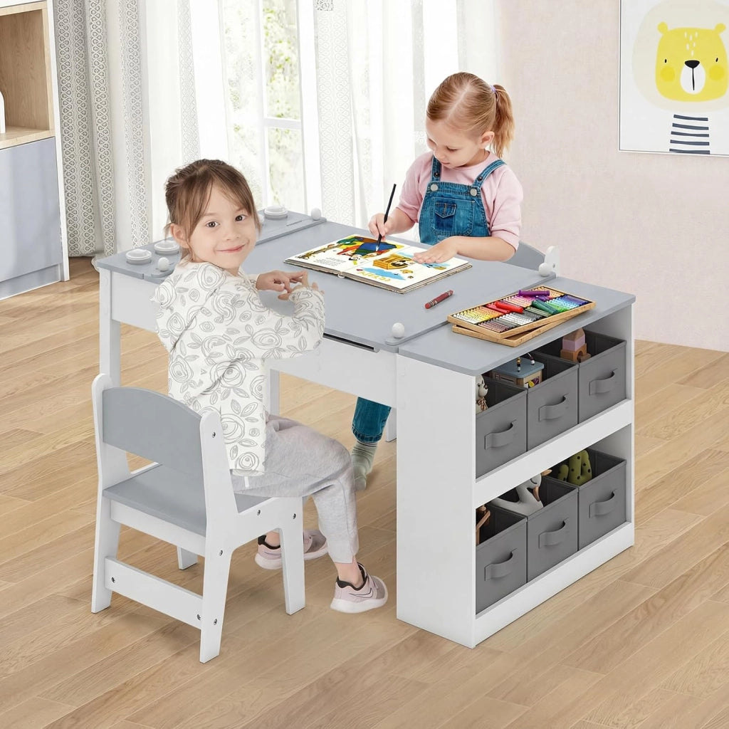 Set Tavolo da Disegno e Cavalletto per Bambini 3+ Anni con 2 Sedie, Tavolo Multifunzione in Legno con Piano Sollevabile, Rotolo di Carta, 6 Bicchieri di Vernice (Grigio)