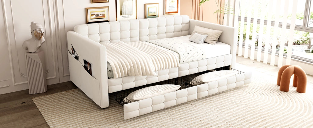 DESMIU Lit simple 90 × 190 cm con 2 cassetti, tasche laterali, senza materasso, in velluto, beige
