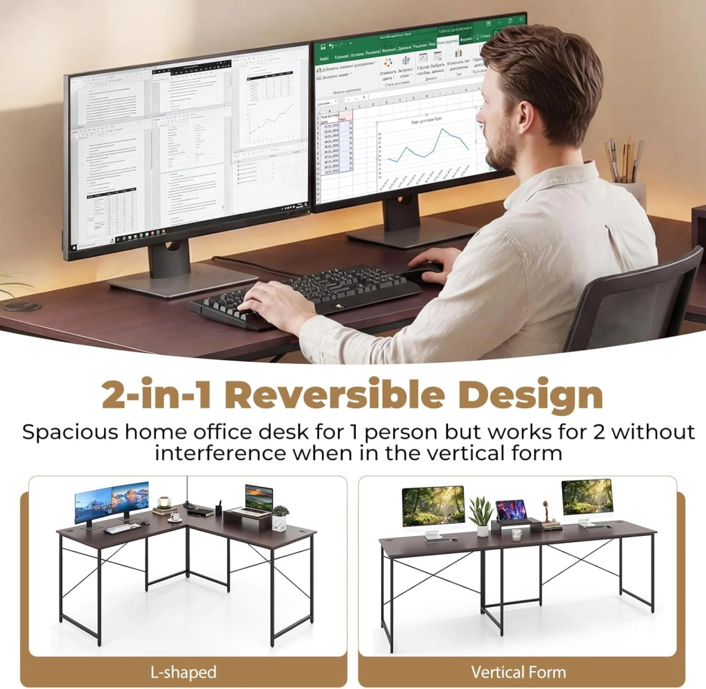 Scrivania per computer a forma di L, scrivania ad angolo convertibile con passacavi e supporto per monitor, 150 x 150 x 74,5 cm, tavolo da lavoro per ufficio, camera da letto (marrone, senza