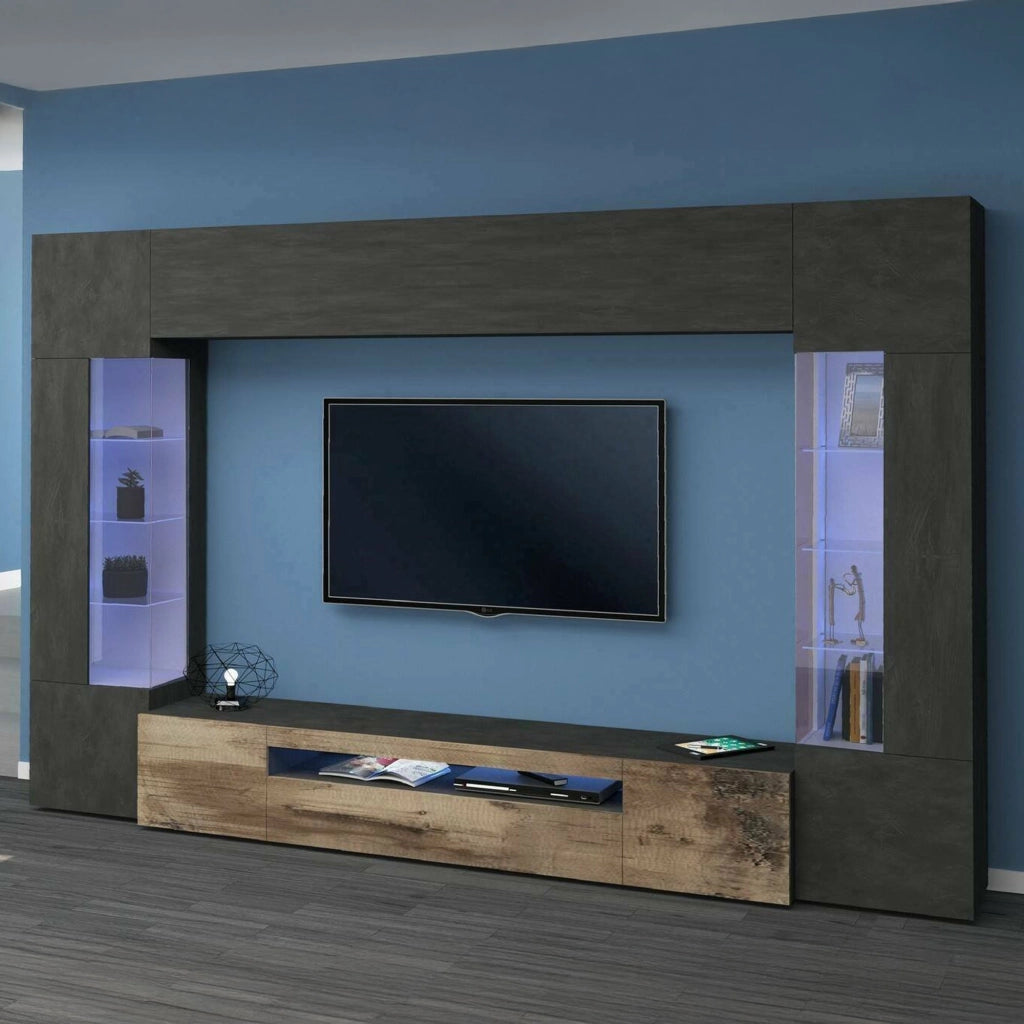 Mobile Soggiorno Arga, Parete Attrezzata 14 Ripiani Made in Italy, 290x40x191h cm Nero Antracite