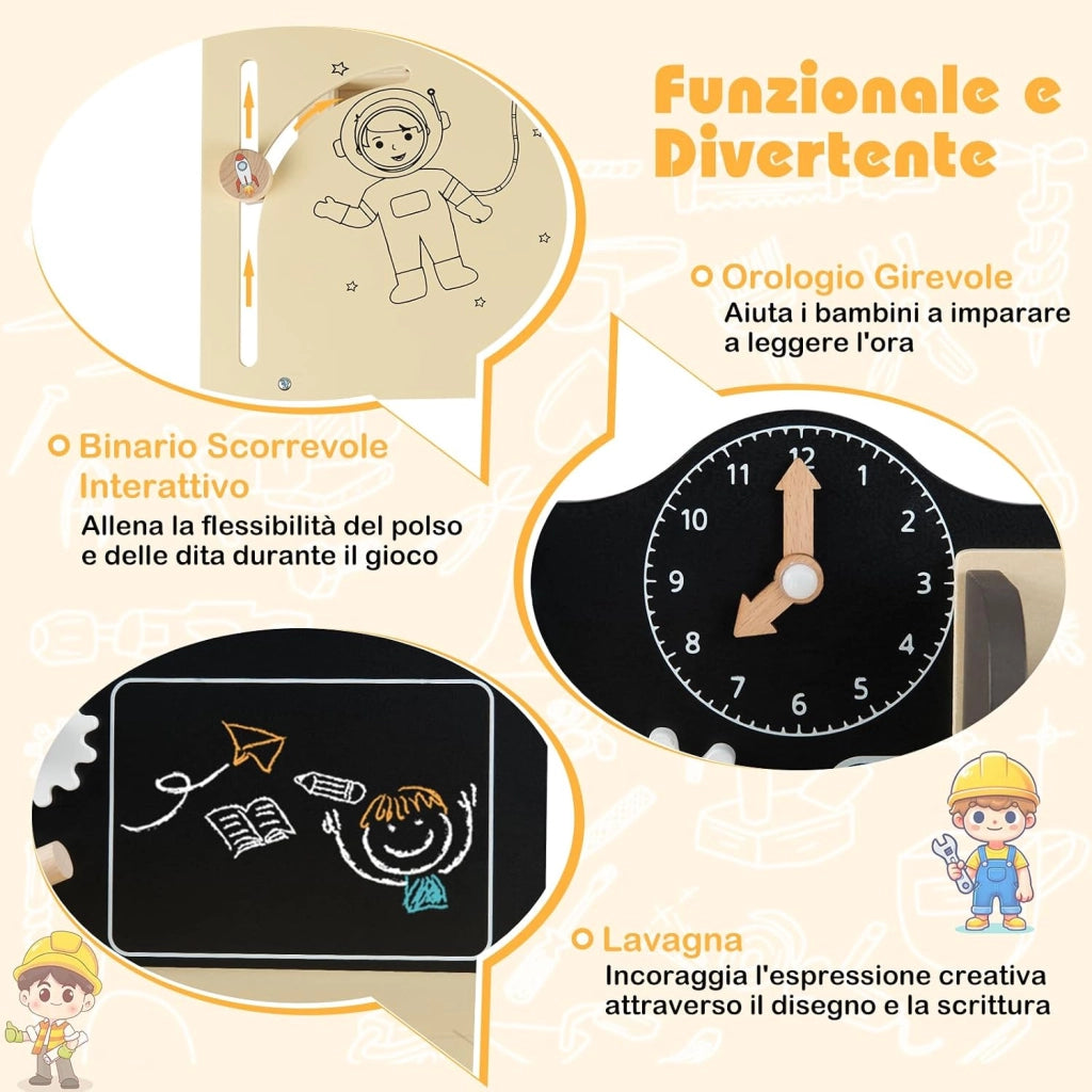 Banco da Lavoro in Legno per Bambini, Set Attrezzi Giocattolo con Martello, Cesello, Chiave Inglese, Ripiani e Ganci per Archivio, Tavolo da Lavoro Giocattolo Officina 3+ Anni