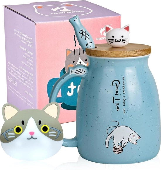 Tazza per gatti in ceramica con coperchio in legno e cucchiaio - Disegno kawaii gatto - bicchiere per caffè, tè, latte