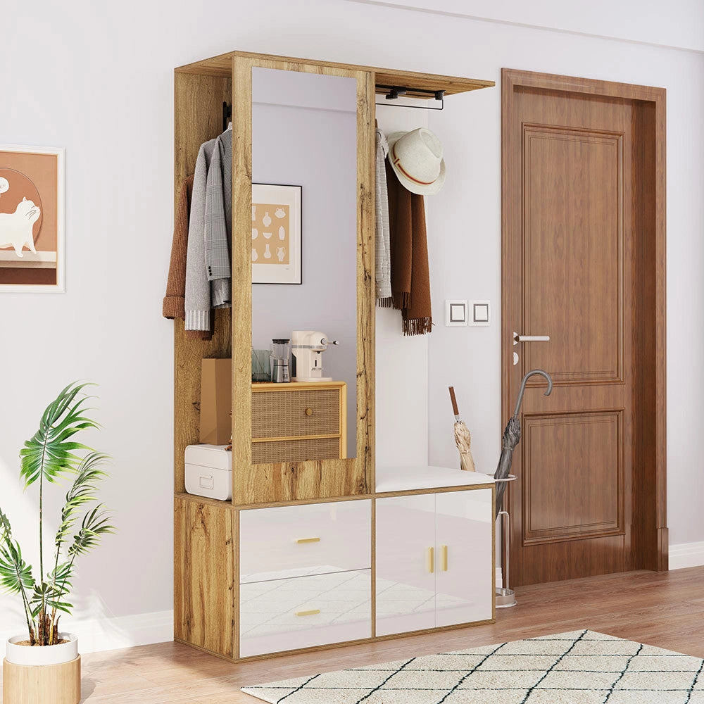 Armadio guardaroba completo - Xylo - Bianco e legno - Specchio, scarpiere, panca e appendiabiti scorrevole