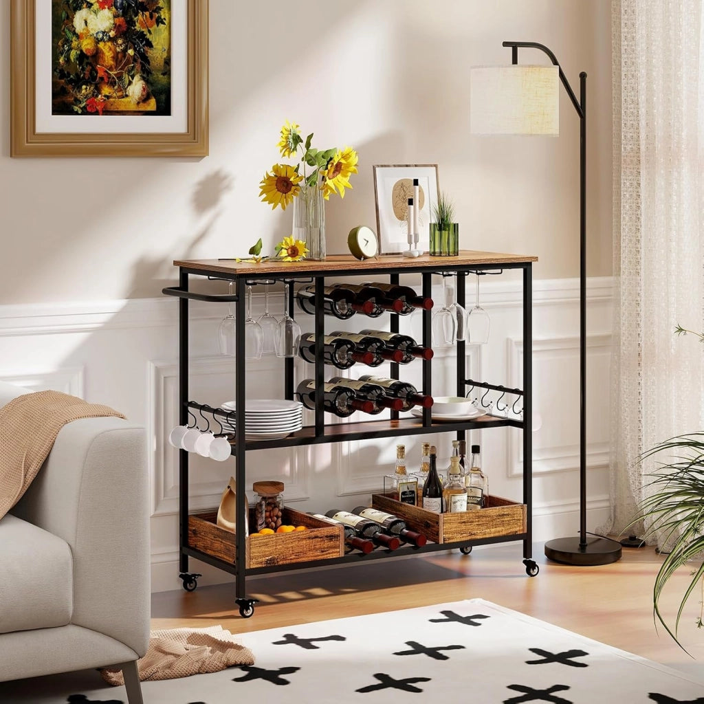 Carrello Bar a 3 Livelli, Carrello Portabevande con Portabicchieri, Portabottiglie, 8 Ganci e 2 Scatole Portaoggetti, Carrello di Vino per Cucina, Sala da Pranzo e Soggiorno