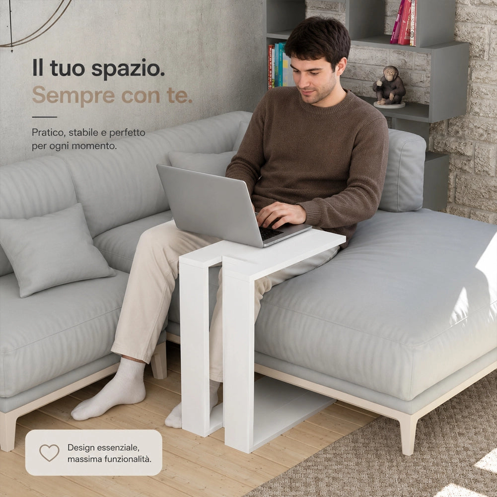 Tavolino da Caffe Porta PC Laterale Divano in Legno MDF Bianco 57x40x30cm