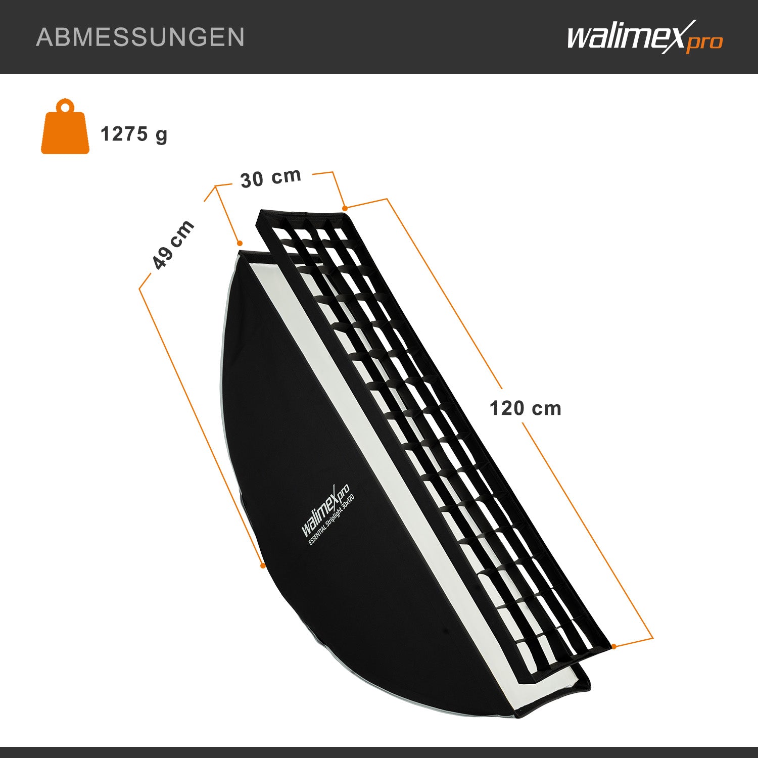 Essential Striplight Softbox 30x120cm + adattatore softbox per Elinchrom (diametro esterno: 15,2 cm), ruotabile a 360°, facile da montare, griglia inclusa, adattatore Bowens