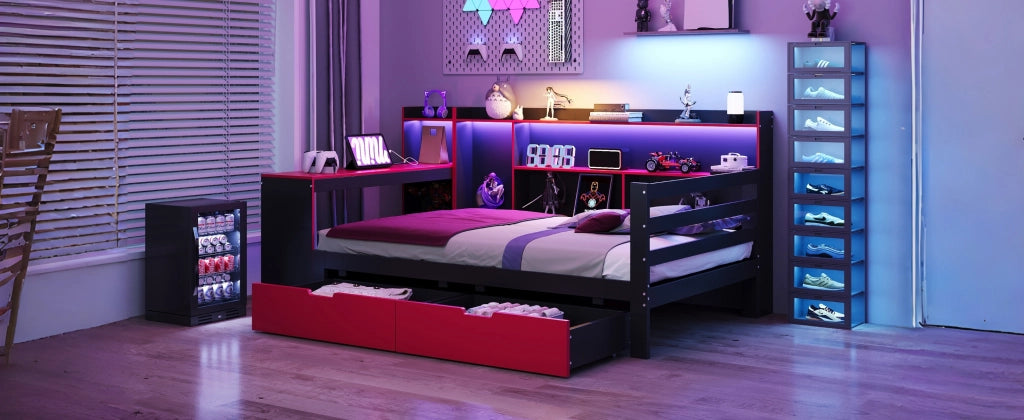 Divano letto in legno 90 x 200 cm nero+rosso; scrivania; scaffali; riporzione; illuminazione e prese integrate