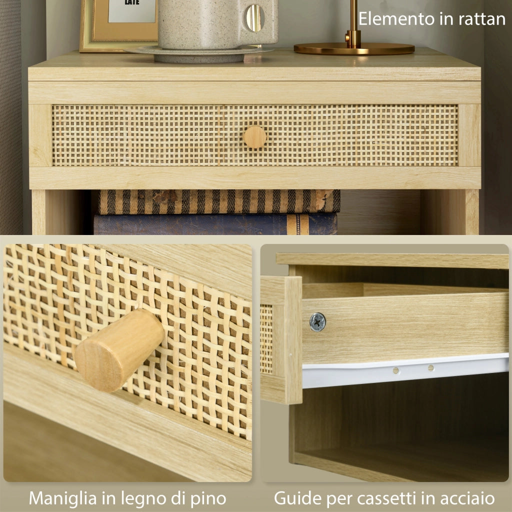 Set 2 Comodini con Cassetto e Ripiani Aperti in stile Boho, in Truciolato e Rattan, 40x34x23 cm