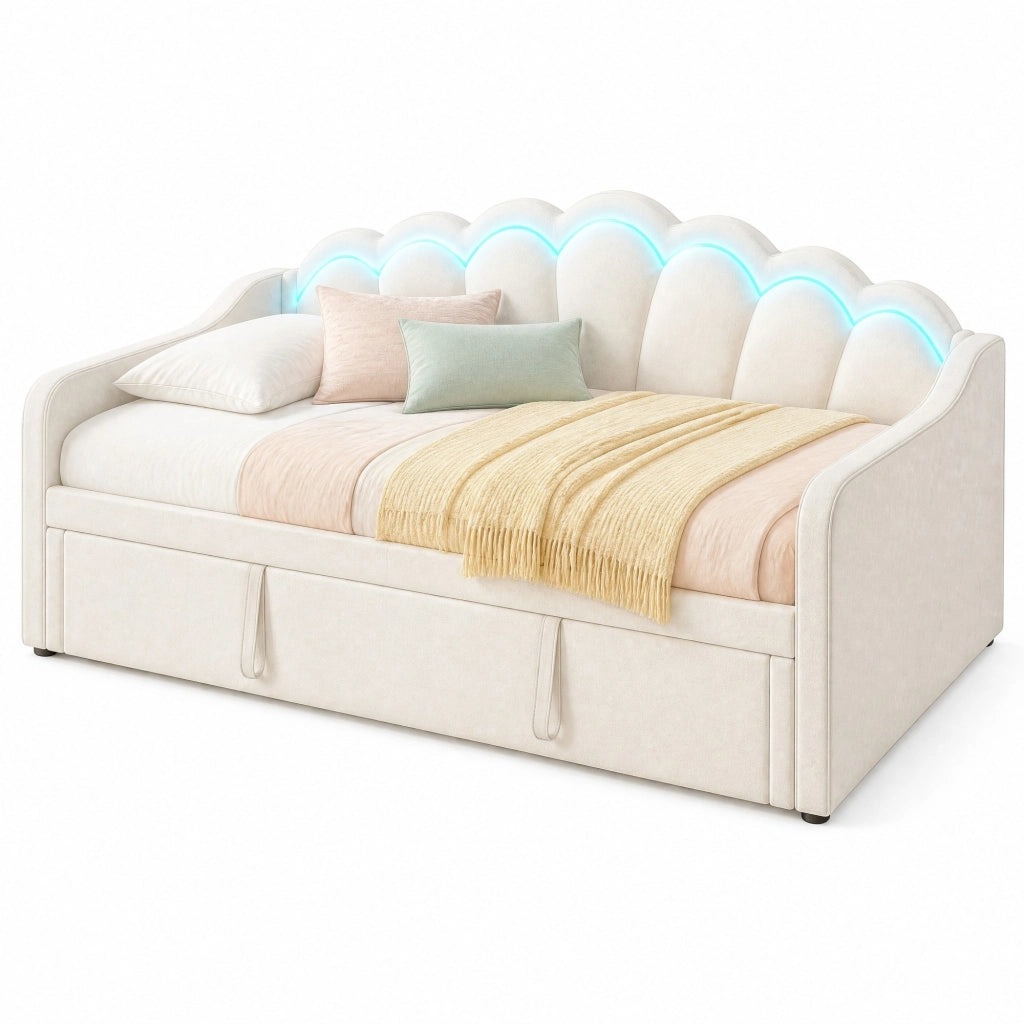 Letto estraibile singolo 90×200 cm e 180×200 cm con LED regolabile; senza materasso; velluto; beige