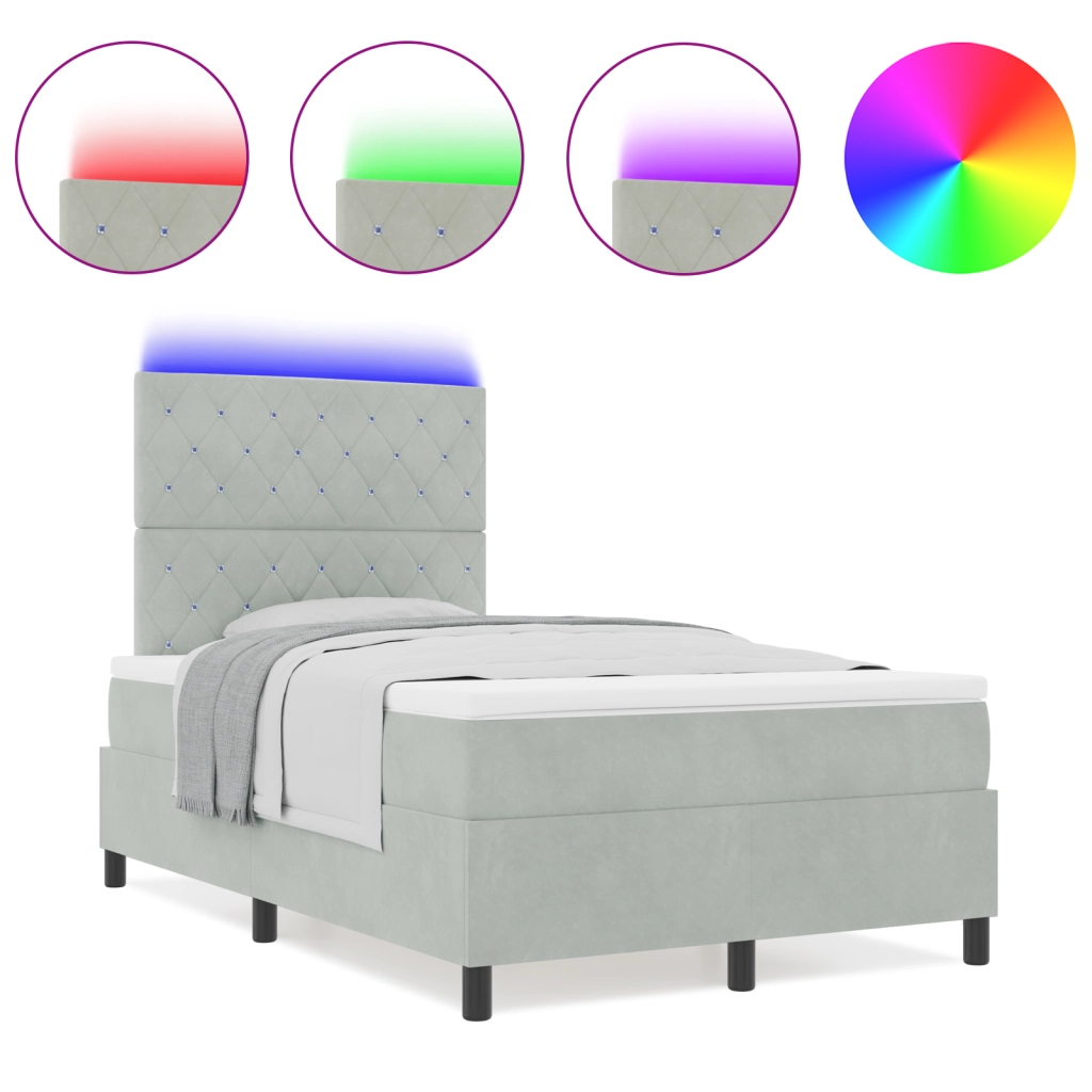 Box Spring Letto con Materasso e Luce LED Grigio Chiaro 120x190 cm in Velluto