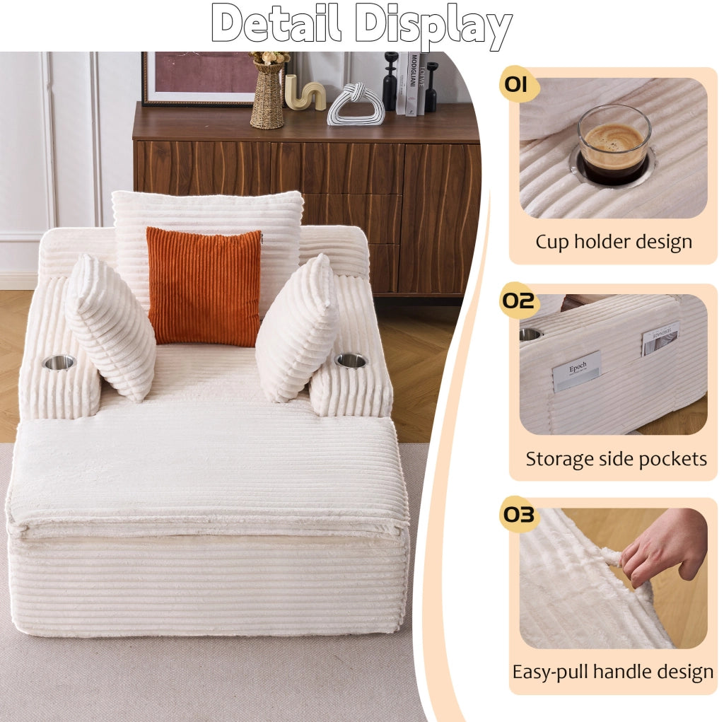 Divano da pavimento ULEVR beige in velluto a coste con chaise longue, portabicchieri, 3 cuscini e cuscino coperta 2 in 1