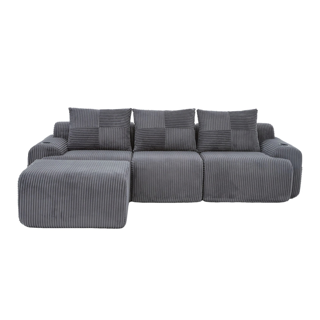 Divano modulare 268x174x80 cm con portabicchiere e tasca laterale in corduroy grigio scuro