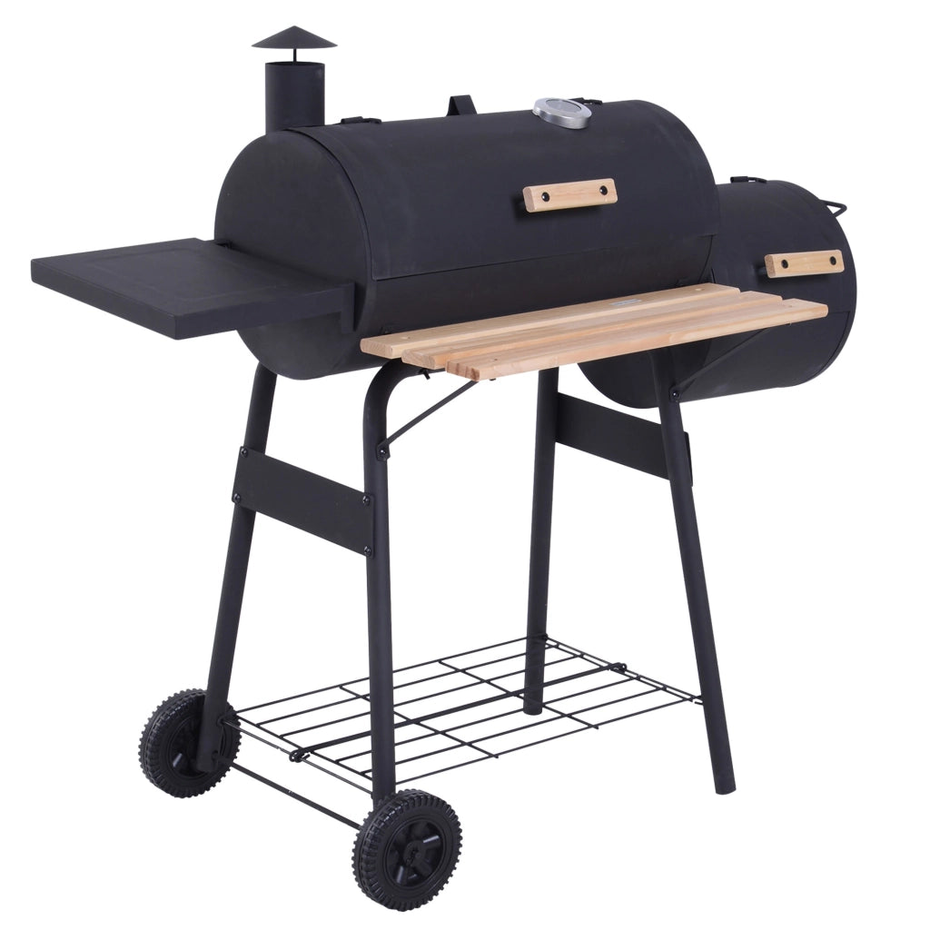 Barbecue a Carbone con Coperchio e Affumicatore Smoker, BBQ da Giardino con Ruote, Termometro e Ripiani, Nero