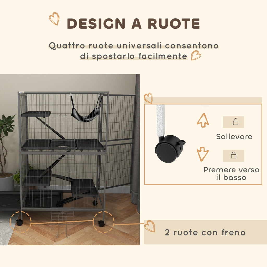 Gabbia per Roditori 80x52x128 cm con 4 Ingressi a Livelli Multipli in Metallo e PP Grigio
