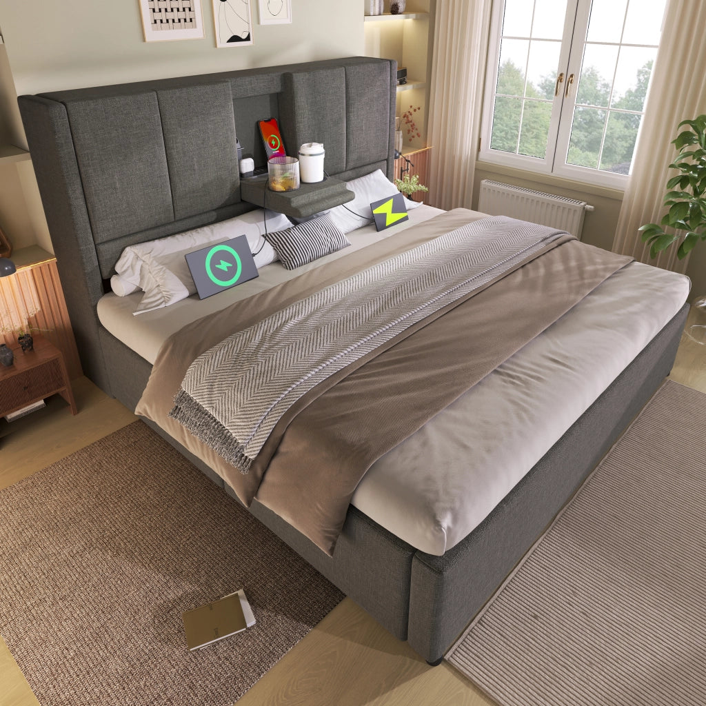 LETTO Contenitore 140x200 cm in lino grigio con presa di ricarica