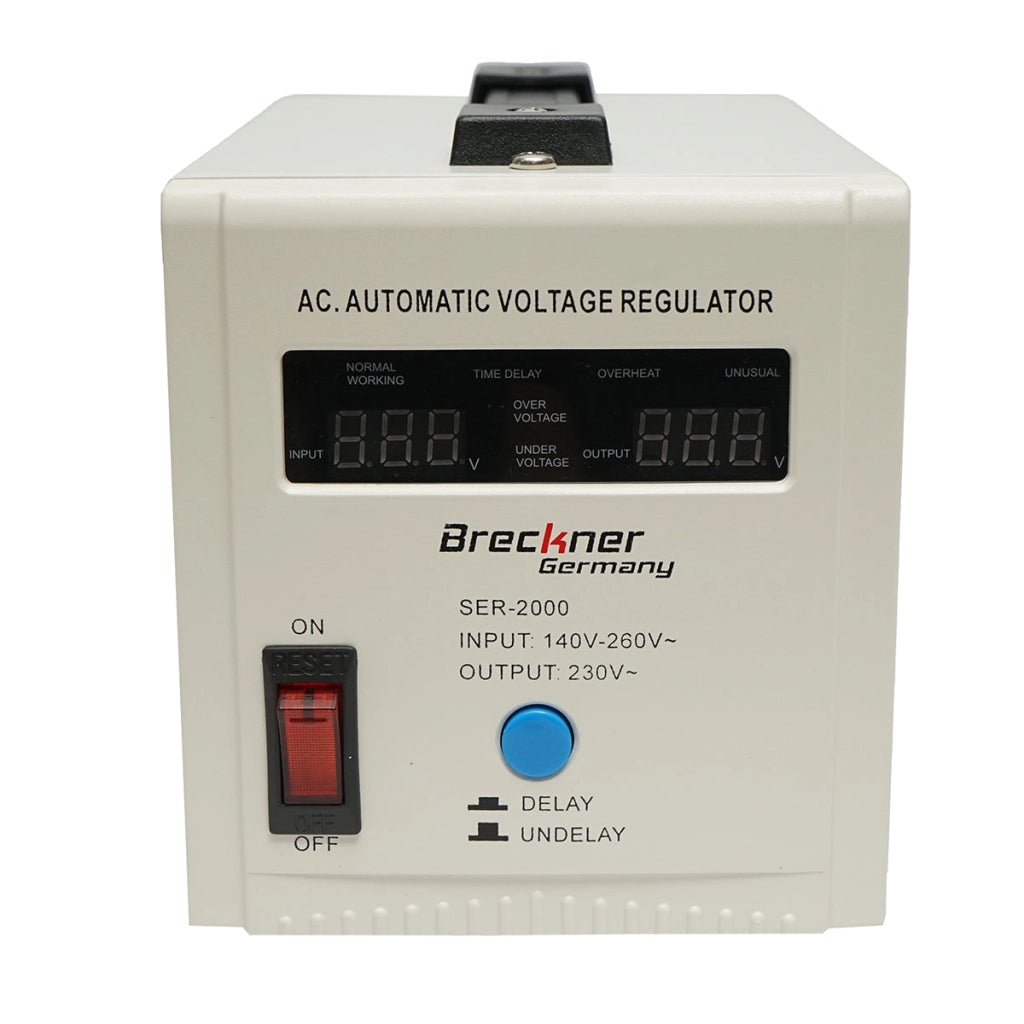 Stabilizzatore di tensione automatico monofase con relè 2000VA/140-260V, 2 prese schuko 230V, display LCD Breckner Germany