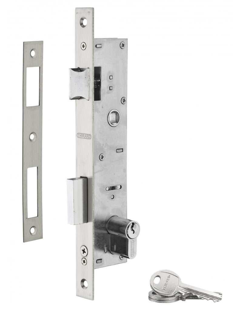 Serratura da incasso con cilindro per infissi in metallo, asse 21mm, L 41, piastra quadra, cilindro 30x30mm, acciaio inossidabile, 3 chiavi - THIRARD