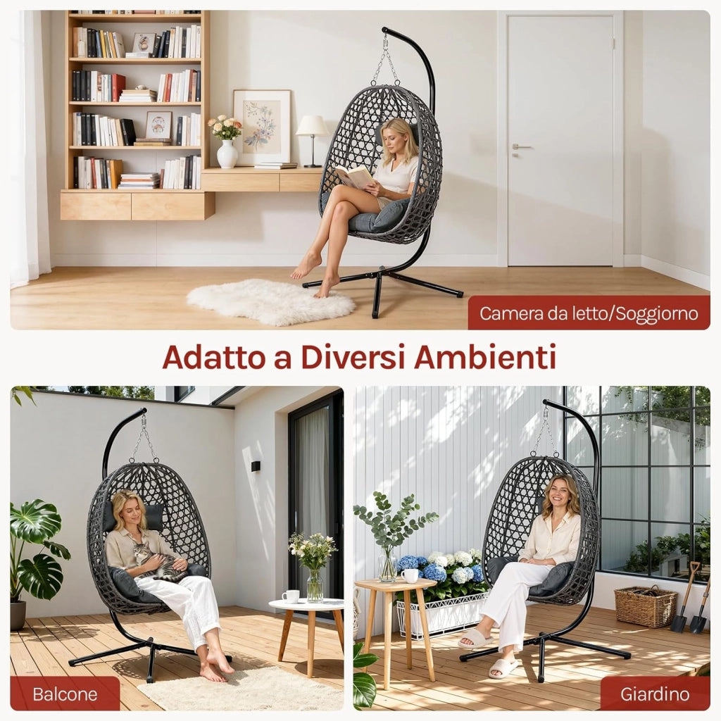 Poltrona Sospesa a Uovo, Sedia Sospesa con Supporto in Metallo, Cuscino e Poggiatesta, Altezza Regolabile, in Rattan PE, per Giardino, Terrazza, 102x100x196 cm, Grigio