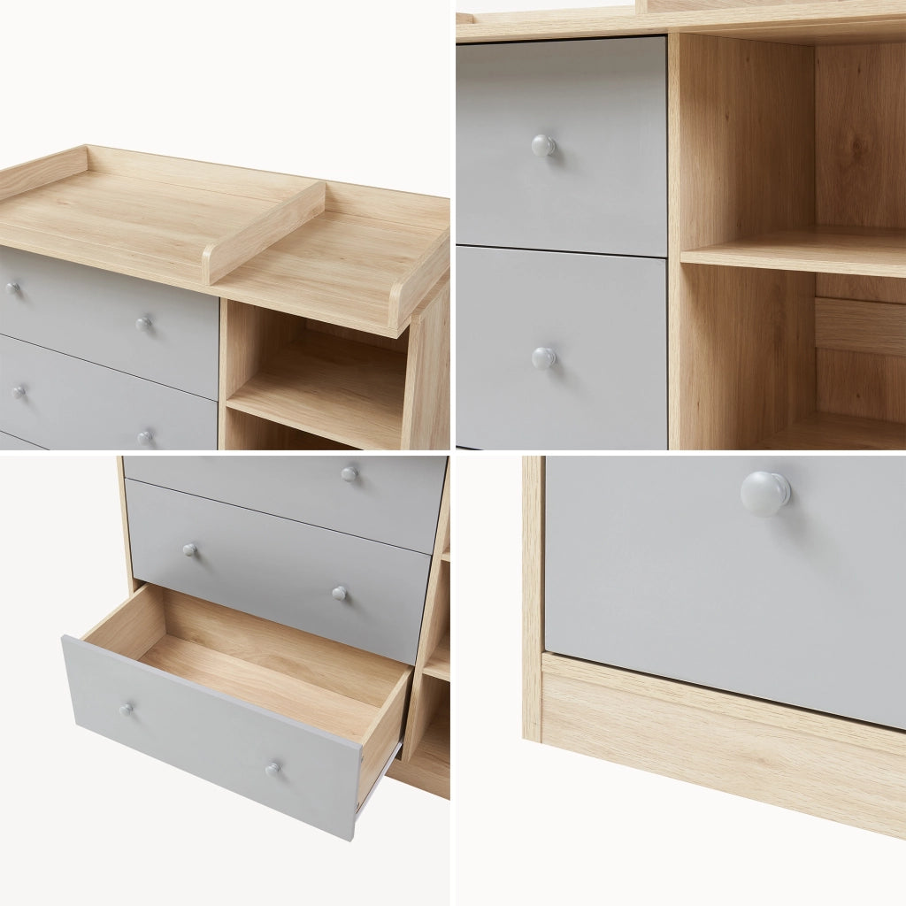 Cassettiera Beldinupp con Piano Fasciatoio Rimovibile 93 x 110 x 55 cm - Effetto Rovere / Grigio [en.casa]
