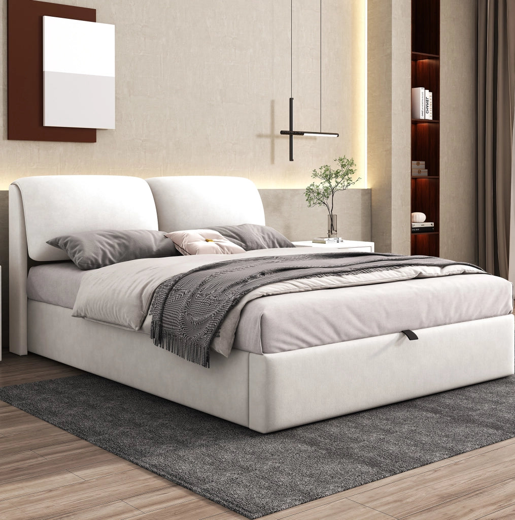 Letto imbottito 140x190 cm; contenitore idraulico e 3 cassetti; velluto; beige (Senza materasso)