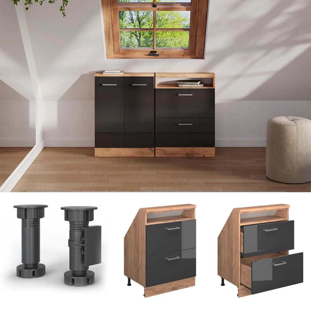 Mobile sottotetto Rion Antracite lucido/Rovere dorato con 2 cassetti Vicco