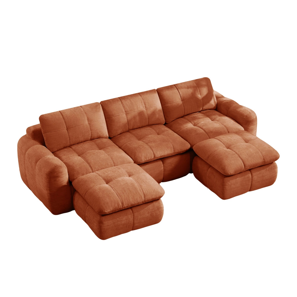 Divano modulare a U 3 posti - con seduta senza struttura e pouf - in chenille arancione