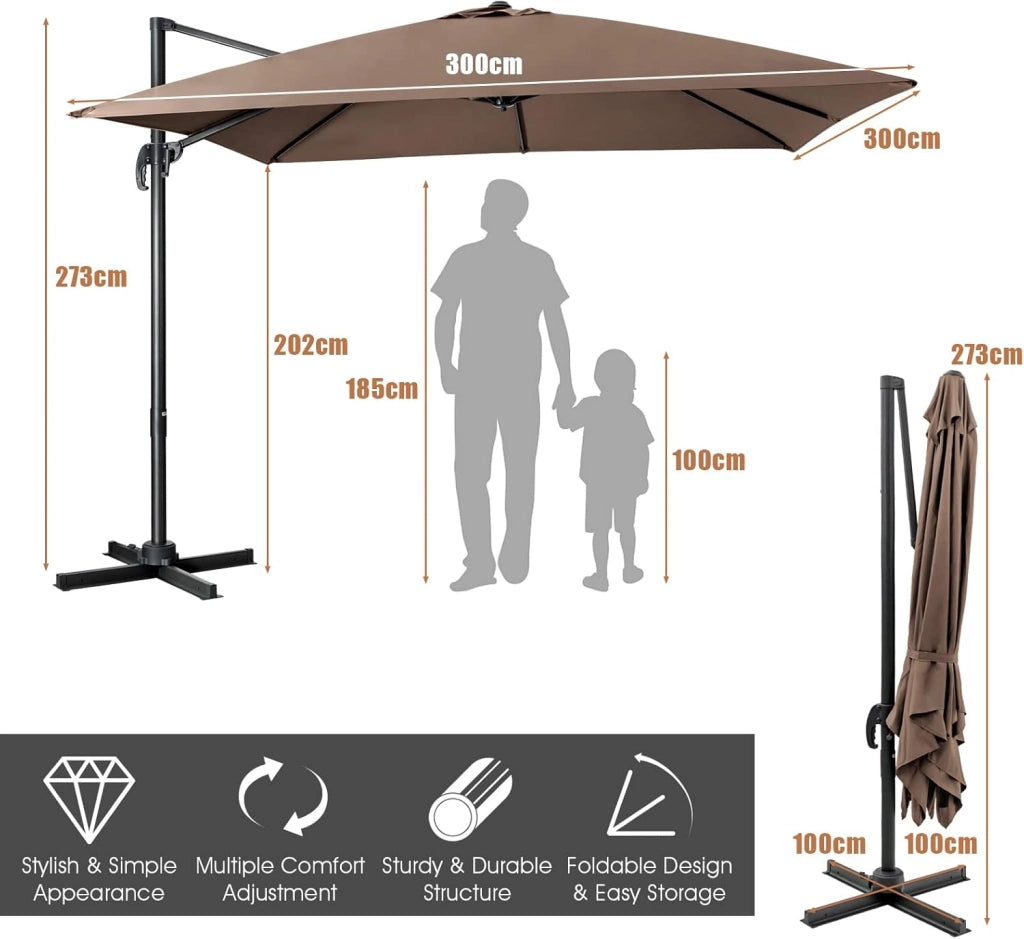 Ombrellone da giardino, 300 cm, pieghevole e regolabile in altezza, da balcone, rettangolare, da spiaggia con base a croce, ombrellone stabile e di alta qualità, marrone, 300 x 300 cm