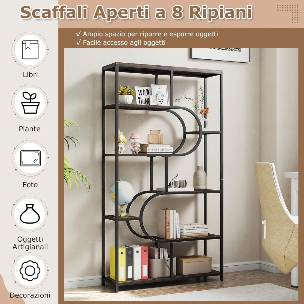 Libreria a 5 Ripiani, Scaffale Alto Autoportante a Forma Ovale con Ripiani Aperti, Struttura in Metallo, Organizer per Soggiorno e Ufficio di Casa, 95x30x175 cm (Marrone)