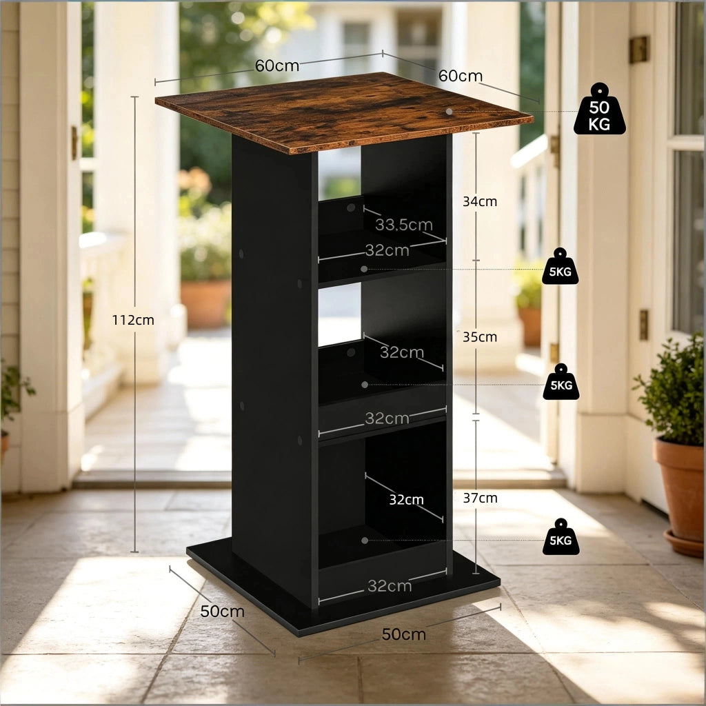 Tavolo bar quadrato con 3 vani aperti, mobile contenitore 2 in 1 per cucina e soggiorno, nero, 60 × 60 × 109 cm