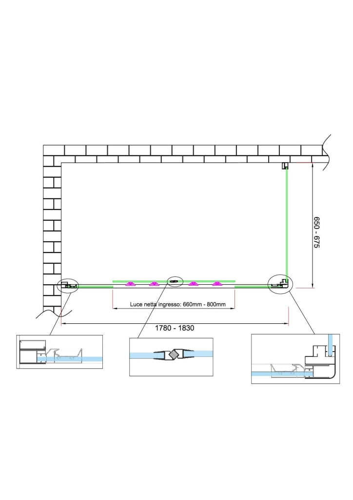 Box doccia 6 mm H 190 parete fissa e porta a 4 ante con apertura centrale MISURA 65-67,5 ANTA FISSA + PORTA 178-183
