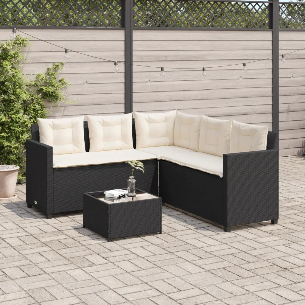 Divano da Giardino con Tavolo e Cuscini a L-Sofa da Giardino-Divano da esterno Nero in Polyrattan 722644