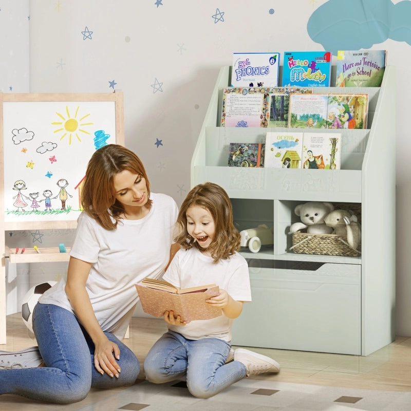 Libreria per bambini con cassetto, 3 ripiani e 2 vani a giorno, scaffale contenitore per cameretta, sala giochi, verde chiaro, 60 x 29,9 x 90 cm