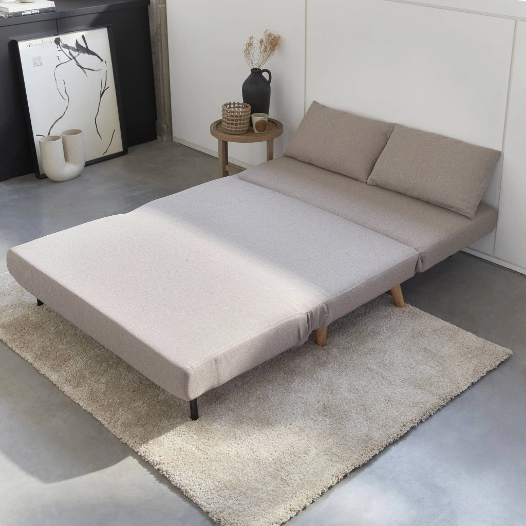 Divano letto in tessuto con gambe in legno, 2 posti, beige