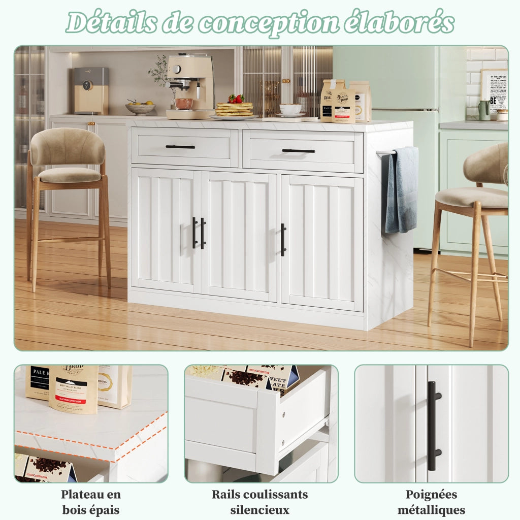 Isola da cucina con 3 ante; 2 cassetti; ripiani regolabili; prese e USB; portaasciugamani; 120 x 60 x 91 cm