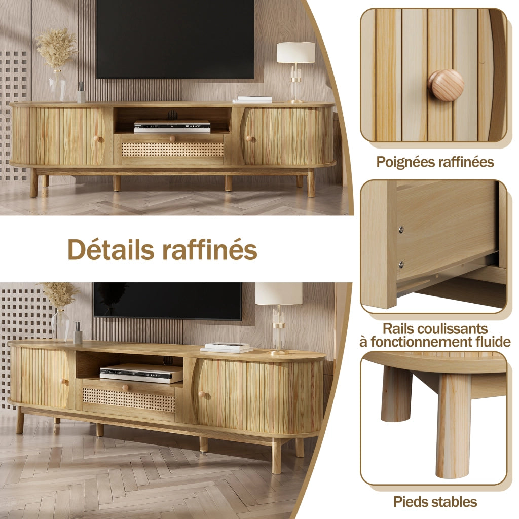 Mobile TV con 1 Anta Scorrevole; 2 Cassetti e Vani Aperti per Soggiorno in MDF 165 × 37 × 46 cm Naturale