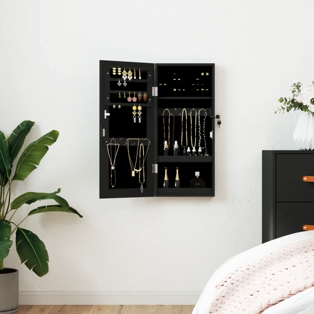 Armadio Portagioie con Specchio a Muro Nero 30x8,5x67 cm 353209