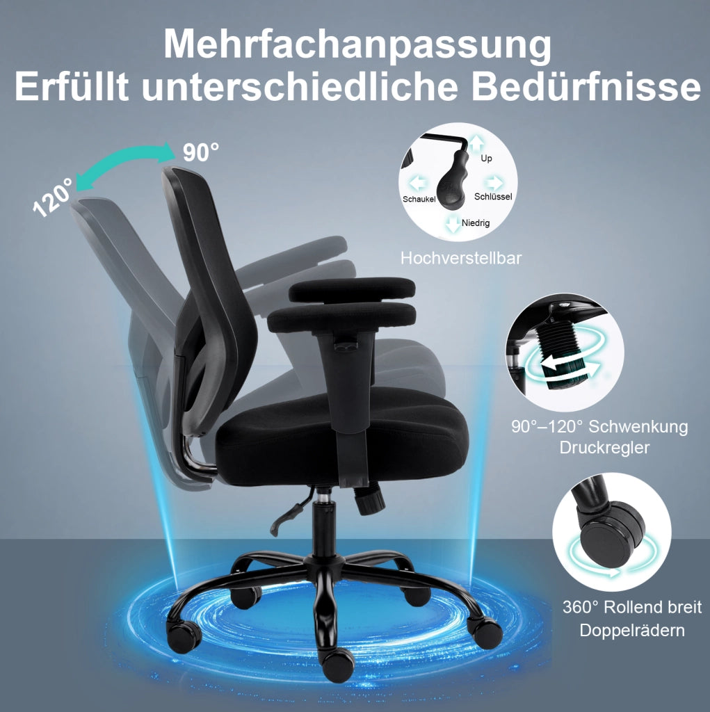 Sedia ergonomica da ufficio nera con supporto lombare regolabile e braccioli 2D