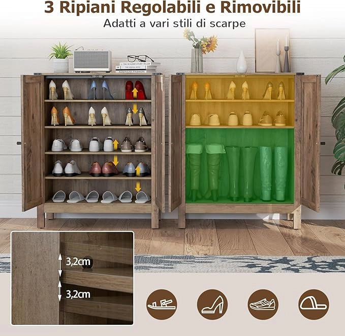 Armadio per Scarpe con Ante, Scarpiera in Legno da 6 Livelli in Stile Rustico con Ripiani Regolabili, per Ingresso Corridoio e Soggiorno, 80x35,5x100 cm (Marrone)