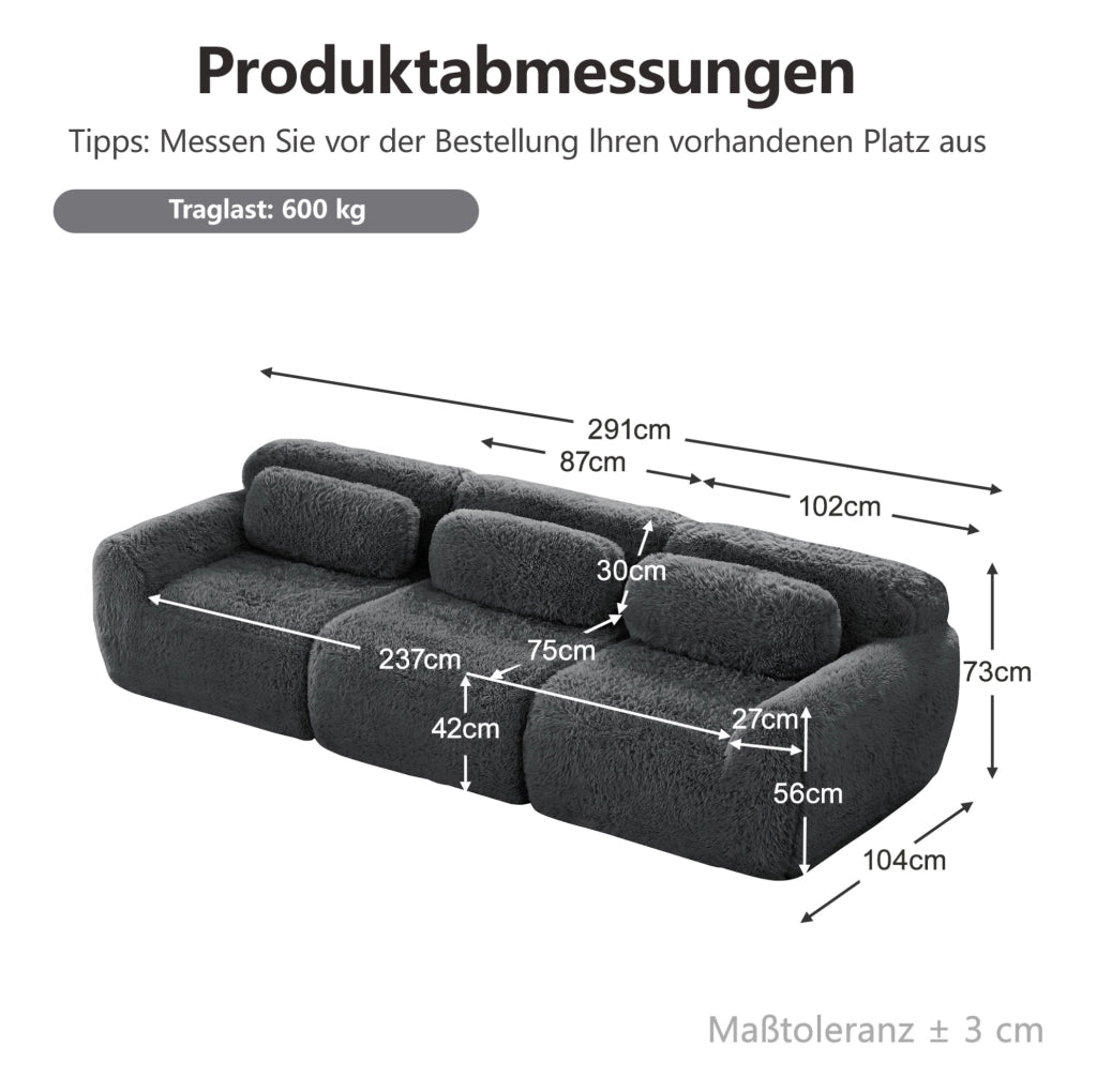 Divano modulare 3 posti in tessuto plush grigio; 291x104x73 cm; senza montaggio con base antiscivolo