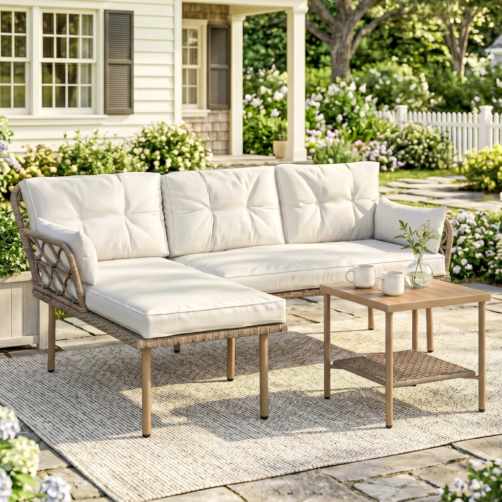 Set da Giardino 3pz con Chaise Longue, Divanetto, Cuscini e Tavolino, in Rattan e Acciaio, Bianco Crema e Legno