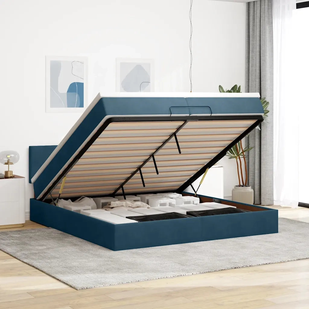 Pouf Letto con Materassi e LED Blu Scuro 200x200cm Velluto