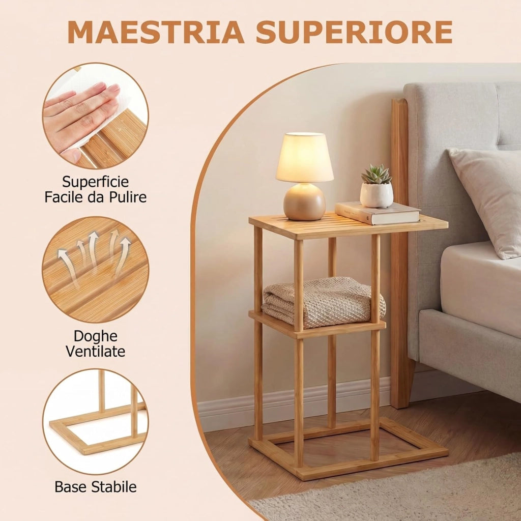 Set di 2 Tavolini a Forma di C, Tavolini Bassi in Bambù con Ripiani Portaoggetti, Tavolo Laterale da Divano per Piccoli Spazi, per Soggiorno, Camera da Letto, 40 X 28 X 65 CM (Modelli 1, 2)