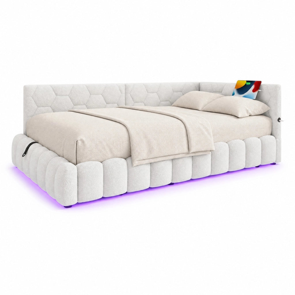 Letto daybed 90x200 cm con contenitore; LED; USB e Type-C; in Vliesimitat bianco