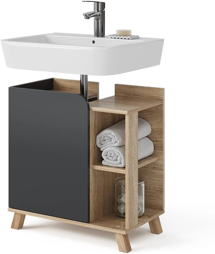 Mobiletto per lavabo Karen, Sonoma/antracite, 60 x 65 cm con porta e vani aperti, con ritaglio per sifone per il montaggio sotto il lavabo