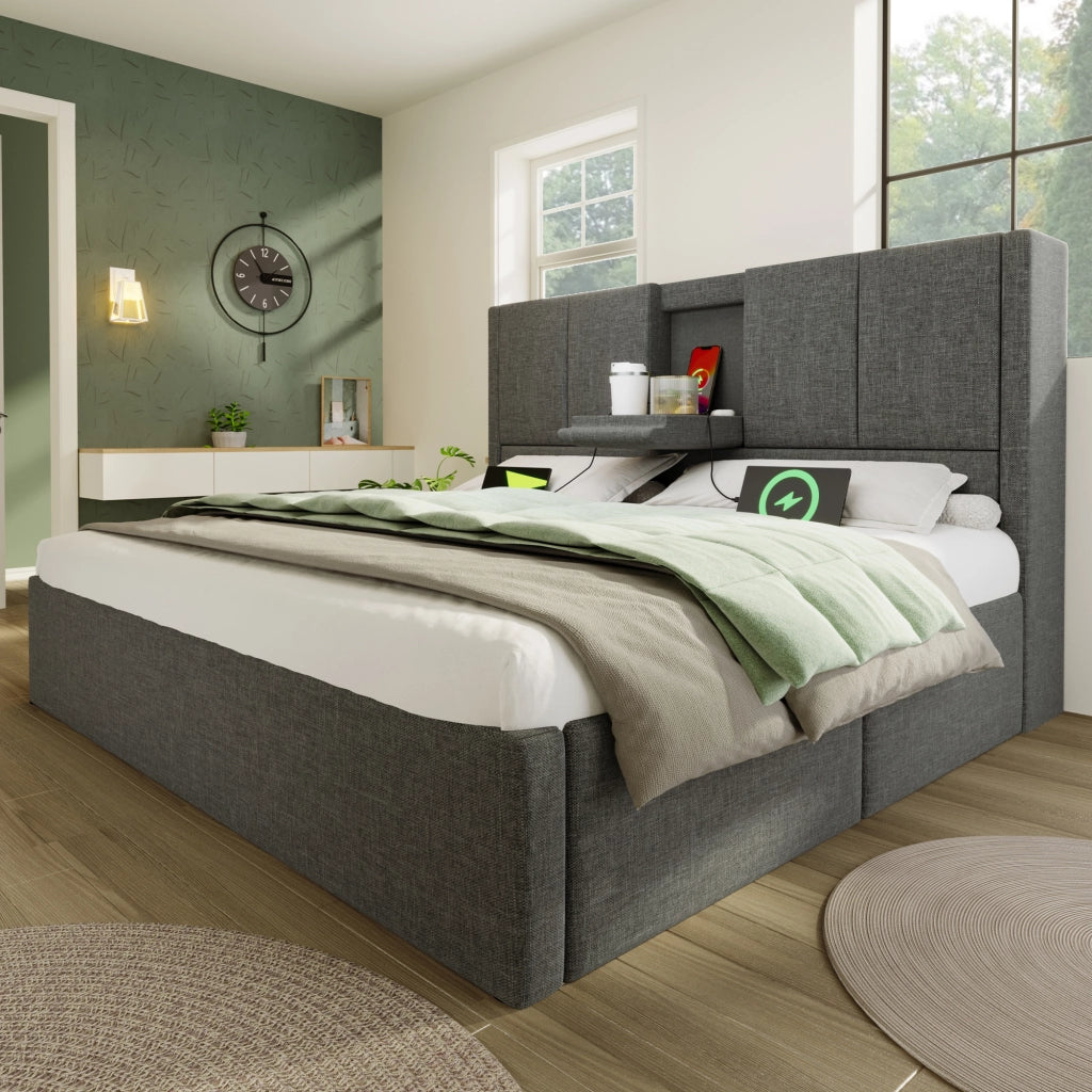 LETTO Contenitore 140x200 cm in lino grigio con presa di ricarica