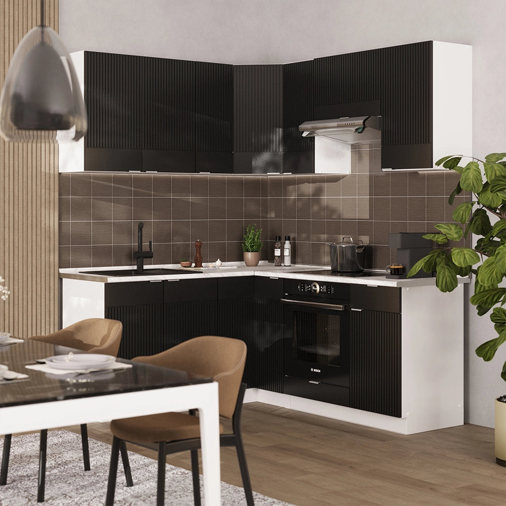 Vicco Cucina angolare completa Nero a righe/bianco 160 x 190 cm , PL Rovere
